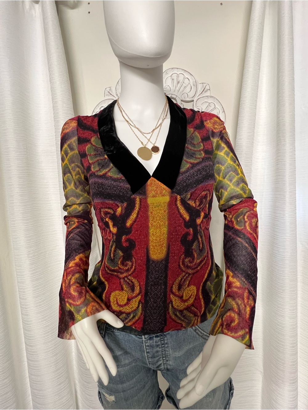 Vivienne Tam Long Sleeve Colorful Baroque Top – Velvet V-Neck | Size 1 - Picture 7 of 10